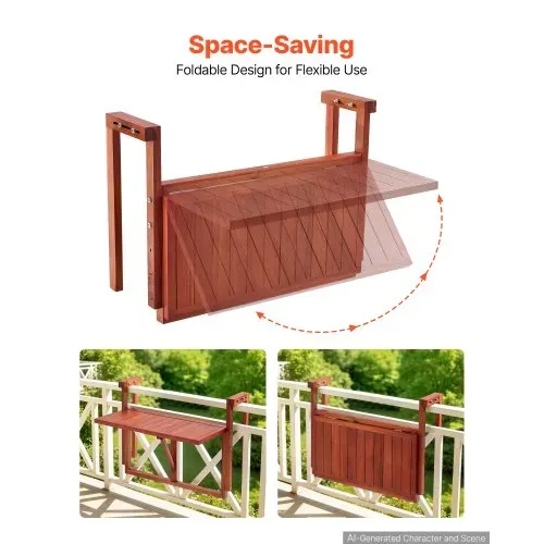 VEVOR Balkonhängetisch 560x280 mm Klapptisch 27 kg Hängetisch Balkontisch, für Terrasse Garten oder Balkon, Passend für 80-135 mm Geländer, Höhenverstellbar, Tischplatte aus Akazienholz, Platzsparend – Bild 3