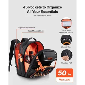 VEVOR Werkzeugrucksack, 45 Taschen, Werkzeug-Aufbewahrungs-Organizer, Backpack mit Laptopfach und verstärktem Stoffboden, Werkzeugtasche, Baustellenrucksack für Elektriker, Handwerker VEVOR Werkzeugrucksack, 45 Taschen, Werkzeug-Aufbewahrungs-Organizer, Backpack mit Laptopfach und verstärktem Stoffboden, Werkzeugtasche, Baustellenrucksack für Elektriker, Handwerker