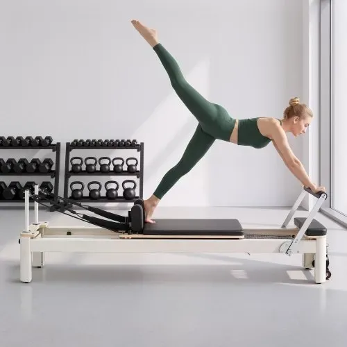 VEVOR Pilates Reformer Gerät mit Aluminiumrahmen 181 kg 2350 x 690 x 945 mm Ideal für Home-Gyms und Studios, mit Leisem Schlittenlauf, Verstellbarer Kopfstütze, Pilates-Box, Jumpboard und Fußschlaufen – Bild 7
