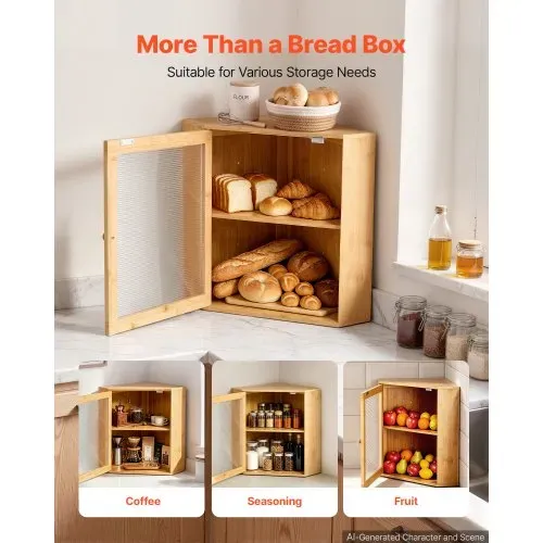 VEVOR Eck-Brotkasten 2 Ebenen Acrylfenster Brotbox 321x321x427mm Bambusholz Ideal für Bagels, Muffins & Selbstgebackenes Brot, Magnetverschluss & 3-Stufig Höhenverstellbarer Einlegeboden, Belüftet – Bild 4