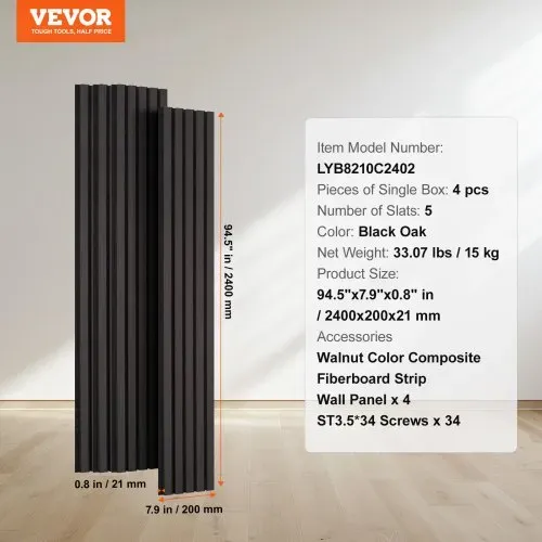 VEVOR Akustikpaneele, Akustikplatten, 2400 x 200 mm, MDF-Akzent-Holzwandpaneele für moderne Innenwanddekoration, Kunstholz-Wandplatten zur Geräuschreduzierung, Schwarzeiche, 4er-Set – Bild 6