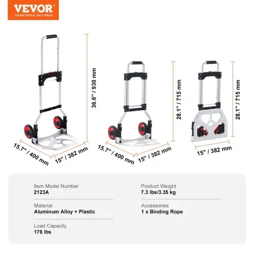 VEVOR Sackkarre Klappbar 80kg Transportkarre aus Aluminiumlegierung und Kunststoff Stapelkarre mit verstellbarem Griff 715-930mm Faltbarer Trolley inkl. Bindeseil kompakte Größe zum Verstauen – Bild 6