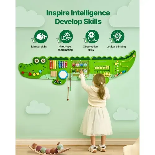 VEVOR 9-in-1 Montessori Busy Board, Montessori Motorikbrett für Bildung Frühe Entwicklung, Sensorisches Wandpaneel aus Holz für Kinder von 3-12 Jahren, Krokodil-Wandspiel für Kindergarten Spielzimmer – Bild 3