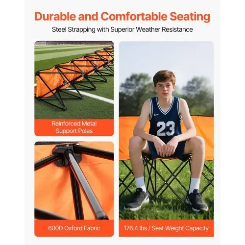 VEVOR tragbare Mannschaftsbank Sitzbank Campingbank (6 Personen) mit Seitentaschen & Tragetasche, Klappbank mit Rückenlehne, Seitenbank Sportbank für Fußball Baseball Outdoor-Aktivitäten Orange – Bild 2