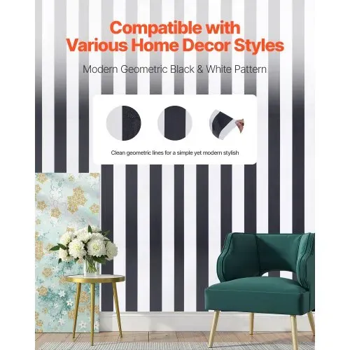 VEVOR Tapete selbstklebend, 45 cm x 15 m, Wandtapete, Klebefolie mit Streifen in Schwarz-Weiß, wasserfest, Möbelfolie, dekorative Vinylrolle für Schlafzimmer, Küche, Büro, Badezimmer VEVOR Tapete selbstklebend, 45 cm x 15 m, Wandtapete, Klebefolie mit Streifen in Schwarz-Weiß, wasserfest, Möbelfolie, dekorative Vinylrolle für Schlafzimmer, Küche, Büro, Badezimmer