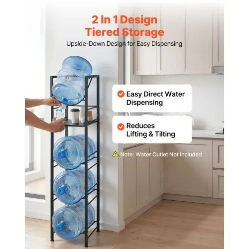 VEVOR Wasserkrughalter, 5-Stufig, für 4 Wasserflaschen, Wasserkrugregal mit Ablagefach, Wasserspenderregal, Wasserflaschenregal Wasserbehälterregal für Küche, Büro & Wohnzimmer, Schwarz – Bild 3