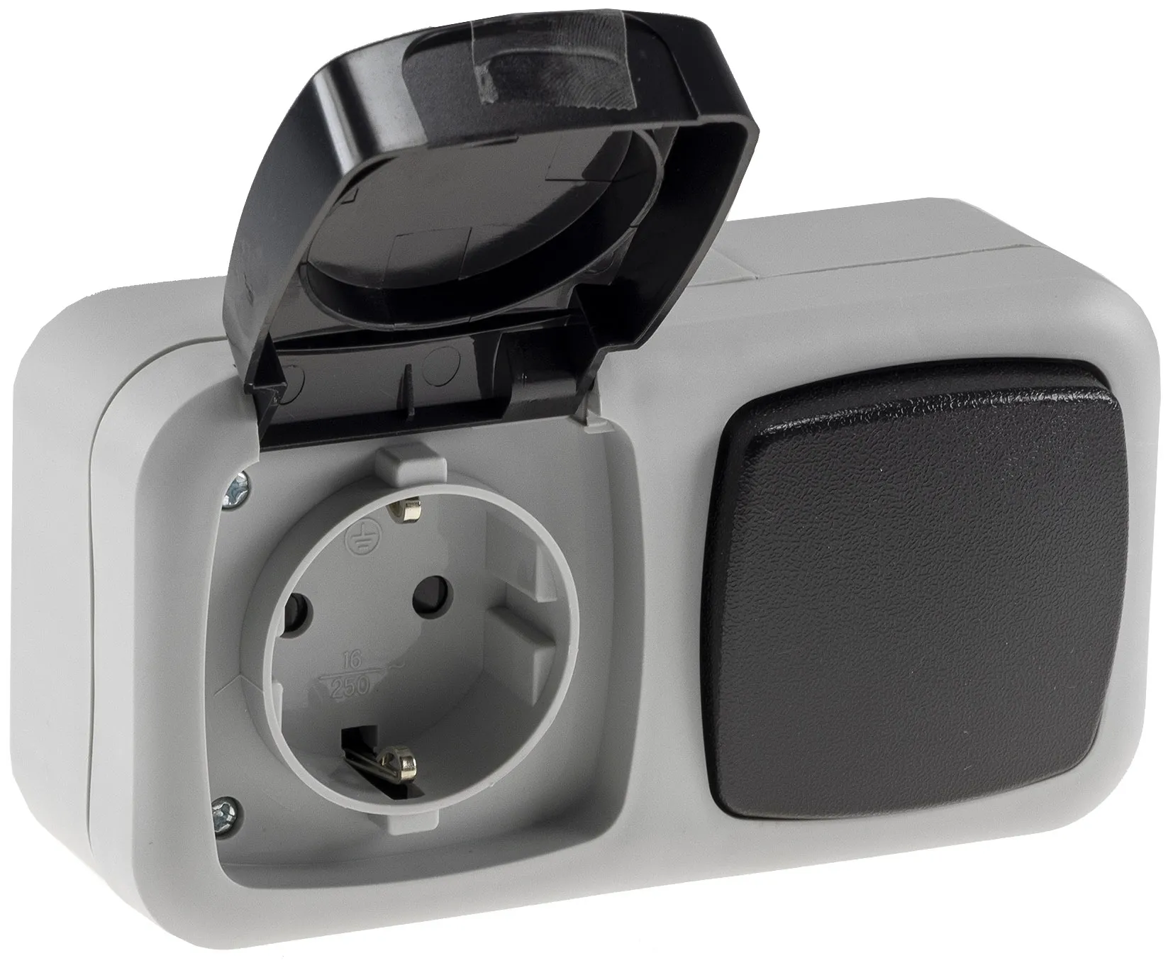 Feuchtraum Kombi-Schalter/Steckdose,IP44 250V~/ 10/16A, grau, AP horizontal Feuchtraum Kombi-Schalter/Steckdose,IP44 250V~/ 10/16A, grau, AP horizontal