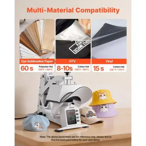 VEVOR Kappenpresse 580 W, Hutpresse mit Heizplatte (215,9 x 99mm), Mützenpresse mit Temperatur- und Zeitsteuerung, Transferpresse für Hüte Kappen Mützen Stirnbänder Mundschutz, DIY Heizpresse Weiß – Bild 5