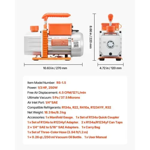 VEVOR Vakuumpumpe mit Manometer, 4,5 CFM 127 L/min, 250 W 1-stufige Drehschieber-Unterdruckpumpe, Manometer-Set, für R134a, R22, R410a, R1234YF & R32, mit Tragetasche, für Kfz-Klimaanlagen – Bild 6