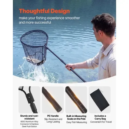 VEVOR Angelkescher Teleskopisch 238 cm, Unterfangkescher mit Fischschonendem Fischnetz aus PVC-Beschichtetem Nylonmaterial, Kescherstange aus 6063 Aluminiumlegierung mit Rutschfestem PE Griff – Bild 3