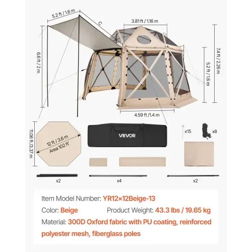 VEVOR Pop-up-Pavillon 3,6 x 3,6 m, 13-seitiges, kugelförmiges Campingzelt mit abnehmbarem Dach & Tragetasche, 360°-Belüftung Sonnenschutz, Partyzelt für 8–10 Personen, Beige – Bild 6