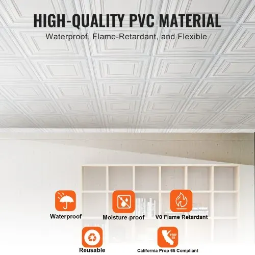 VEVOR Deckenfliesen, 12er-Pack 24 x 24 Zoll, abgehängte Deckenfliesen aus hochwertigem PVC-Blatt, einfache Installation/Zuschneiden, Kunststoff-Deckenfliesen zum Aufkleben, Deckenverkleidung für Heim-/Bürodekoration, weißes Stiftmuster – Bild 2