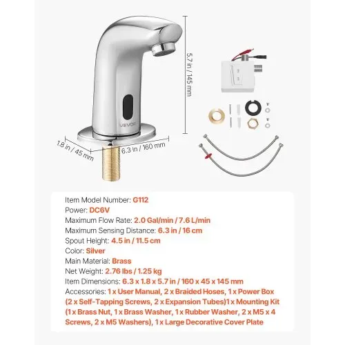 VEVOR berührungsloser Waschtischhahn (verchromtes Silber G112M) Badezimmer, Waschtischarmatur Sensorhahn mit Lochabdeckung, batteriebetriebener Wasserhahn Toilettenhahn Waschbeckenarmatur – Bild 6