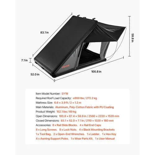 VEVOR Autodachzelt Hartschalen für 2-3 Personen, Campingzelt aus Aluminium mit Dreifarbiger LED-Beleuchtung & 1 Fenster, Wasserfest & Windicht, für Jeep SUV Pickup, 256 x 222 x 152 cm (Aufgeklappt) – Bild 6