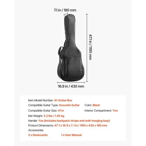 VEVOR Gitarrentasche für 41-Zoll-Akustikgitarren mit Tragegriff Schwarz, Gitarrenrucksack mit Schaumstoffpolsterung, Außenzubehörfach und Schultergurten, 1195 mm Gig Bag aus PU-Leder – Bild 6