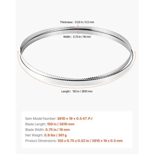 VEVOR Bandsägeblatt, 3810x19x0,5 mm, 4 ZpZ, mit 18 HRC gehärteten, scharfen Zähnen, SK5 hochfester Kohlenstoffstahl, 0,75 Zoll Breite, Ersatz für gängige Holzbearbeitungs-Bandsägen, 1 Set – Bild 6
