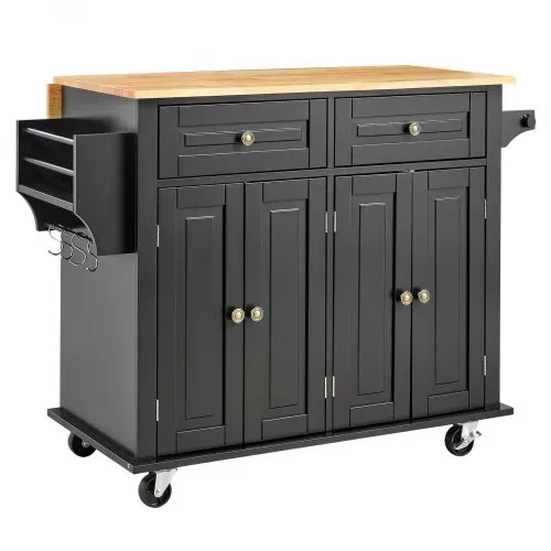 VEVOR Kücheninselwagen, 110 cm mobiler Wagen mit Holzplatte und Lagerschrank, Rolltisch mit Klappplatte, Gewürzregal, Handtuchhalter, verstellbarem Regal, Schublade und Haken, tragbare Inseln Rollbar – Bild 9