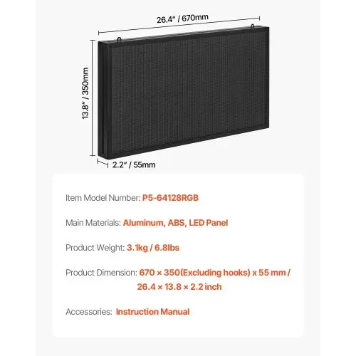 VEVOR programmierbare LED Zeichen P10 Vollfarbe flexibles digitales Scrolling Panel, DIY Anzeigetafel mit benutzerdefiniertem Textmuster und GIF & Bluetooth App Steuerung (670 x 350 x 55 mm) – Bild 6
