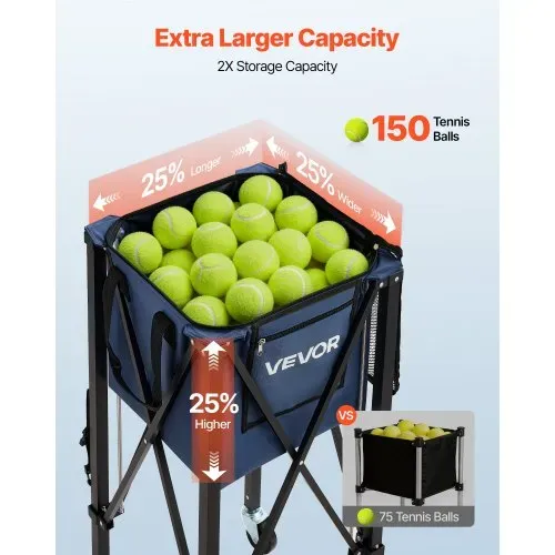 VEVOR Tennisballwagen Faltbar, Tennisballkorb für 150 Tennisbälle oder 260 Pickleballs, Ballwagen mit Rahmen aus Aluminiumlegierung Tragetasche & Sammelrohr, Ballkorb mit Rollen für Training, Schwarz – Bild 4