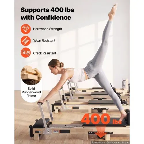 VEVOR Pilates Reformer Gerät Klappbar 2310 x 680 x 755 mm Gummibaumholz für Heimgebrauch & Fitnessstudio, mit Jumpboard, Sitzbox, Verstellbarer Kopfstütze und Leisem Schlittenlauf, 181 kg Belastbar – Bild 2