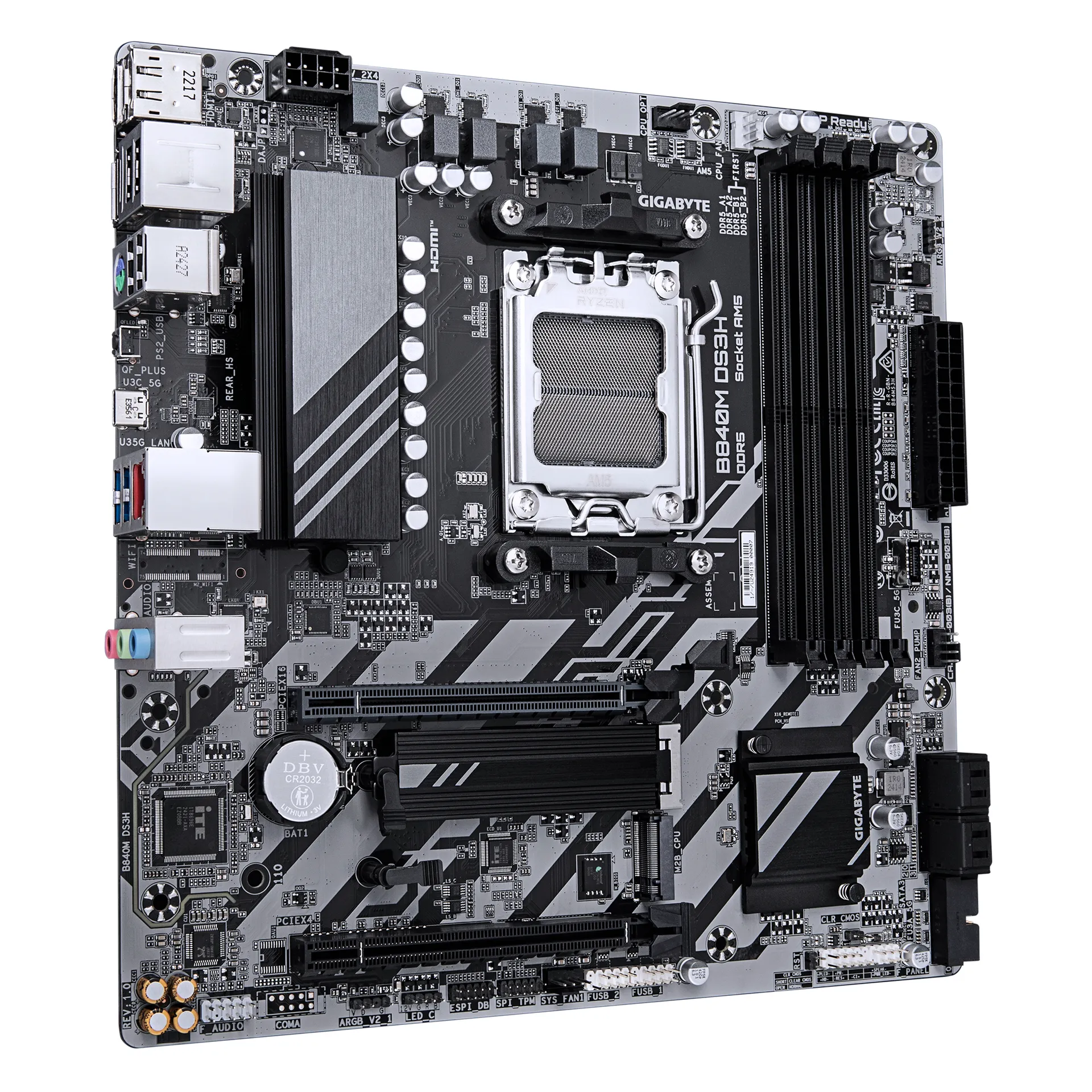 GIGABYTE B840M DS3H Mainboard – AMD Ryzen 9000 CPUs, 8+2+2 Phasen VRM, bis zu 8200 MHz DDR5, 2xPCIe 4.0 M.2, 2.5GbE LAN, USB 3.2 Gen 1 – Bild 3