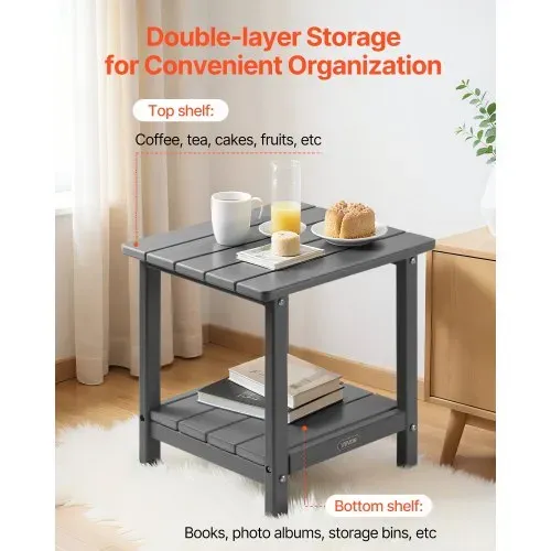 VEVOR Beistelltisch Kunststoff, 45x38x44 cm, Gartentisch aus HDPE, Balkontisch mit 2 Ablagen, Nachttisch, Couchtisch, Dekotisch, geeignet für Terrasse, Pool, Strand, Veranda, Garten, Grau – Bild 2