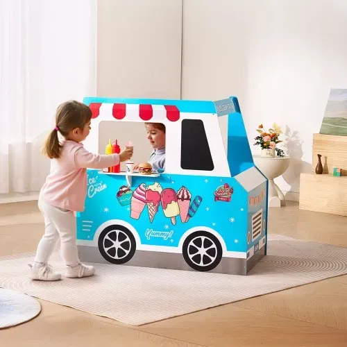 VEVOR Eiswagen für Kinder, über 20 Zubehörteile, Eisdiele aus Holz mit Lenkrad und Tafel, Zahlungsscanner und Gefrierschrank, Wasserhahn und Spüle, geeignet für Kinder von 3–7 Jahren, blau – Bild 7