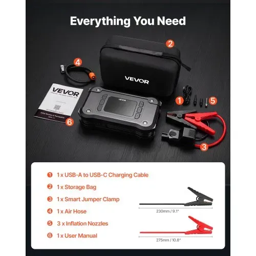 VEVOR Starthilfe Powerbank mit Luftkompressor 8000 A Spitzenleistung Schwarz für 9,0-L-Benzin- / 8,0-L-Dieselmotoren, 150 psi Reifendruck, Automatische Abschaltung, 12-V-Ladegerät und LED-Taschenlampe – Bild 5
