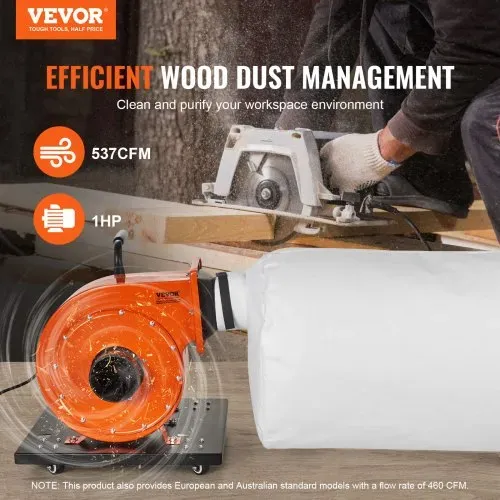 VEVOR Staubsammler 1 PS, 460 CFM Luftstrom rollender Staubsammler mit 21 Gallonen Staubsammelbeutel 2,5 Mikron Beutelfiltration mobiler Holzstaubbehälter mit Griff und Rädern für Industriewerkstätten VEVOR Staubsammler 1 PS, 460 CFM Luftstrom rollender Staubsammler mit 21 Gallonen Staubsammelbeutel 2,5 Mikron Beutelfiltration mobiler Holzstaubbehälter mit Griff und Rädern für Industriewerkstätten