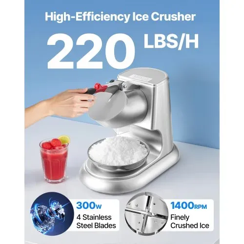 VEVOR Kommerzieller Eiscrusher 100 kg pro Stunde, elektrischer Schneekegel-Maker mit 4 Klingen, Edelstahl-Eiscrusher mit Schüssel & Abdeckung 300 W 2000 U/min, Eisrasierer Silber VEVOR Kommerzieller Eiscrusher 100 kg pro Stunde, elektrischer Schneekegel-Maker mit 4 Klingen, Edelstahl-Eiscrusher mit Schüssel & Abdeckung 300 W 2000 U/min, Eisrasierer Silber