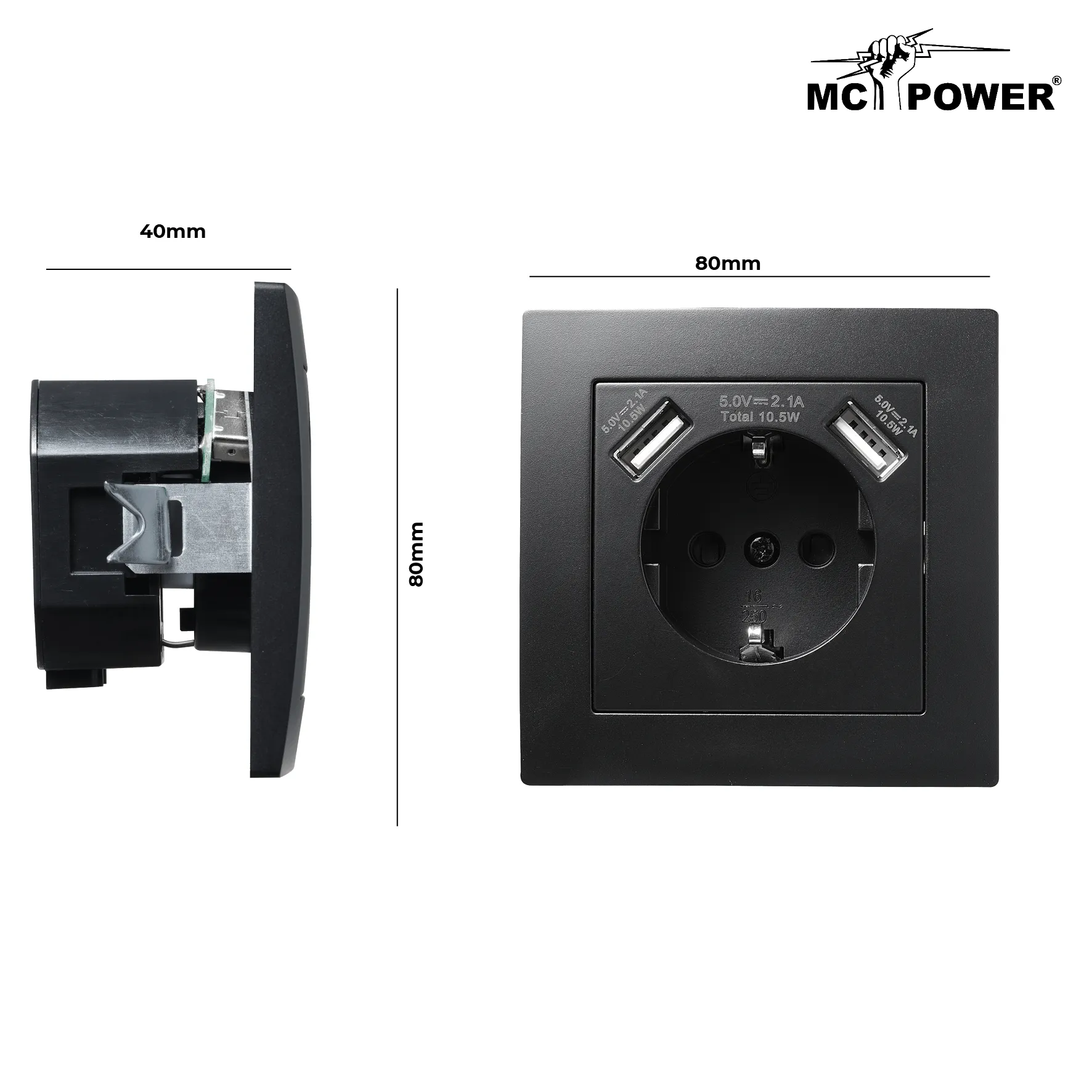 Schutzkontakt-Steckdose mit 2x USB McPower ''Flair'',250V, 5V/2,1A,UP,matt schwarz – Bild 3