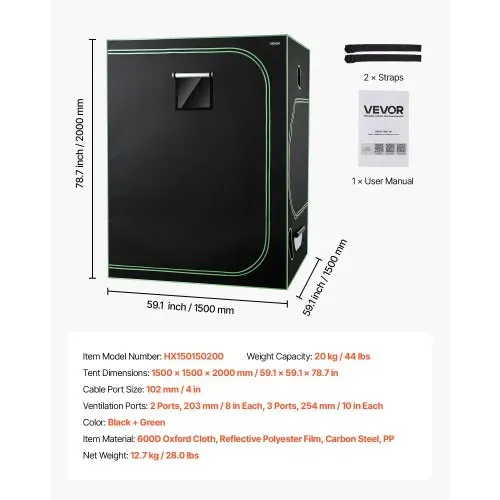 VEVOR Growzelt, 150x150x200 cm, Indoor-Pflanzenzelt mit Vollspektrum-LED-Zuchtlicht & Belüftungssystem, Growbox 600D hochreflektierendes Mylar, Zuchtzelte, Gewächshaus für Blumen & Gemüse – Bild 6