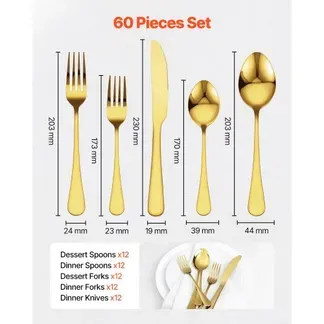 VEVOR 60 tlg. Besteckset in Gold aus lebensmittelechtem Edelstahl, hochglanzpoliertes Essbesteck-Set, spülmaschinenfestes Essgeschirr, Service für 12 Personen, inkl. Messer Gabel Löffel VEVOR 60 tlg. Besteckset in Gold aus lebensmittelechtem Edelstahl, hochglanzpoliertes Essbesteck-Set, spülmaschinenfestes Essgeschirr, Service für 12 Personen, inkl. Messer Gabel Löffel