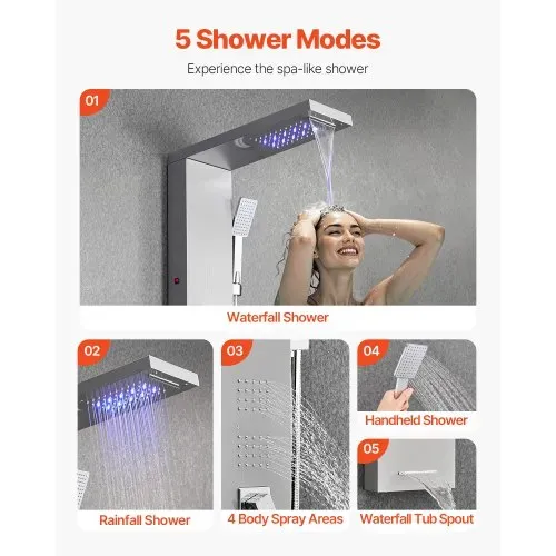 VEVOR Duschpaneel-Turmsystem (5 Modi) mit Regenwasserfall-Duschkopf & LED, (1345 mm) Duschsäule aus gebürstetem Edelstahl, Regenmassagesystem zur Wandmontage, mit Handbrause & 4 Körperbrausen – Bild 2