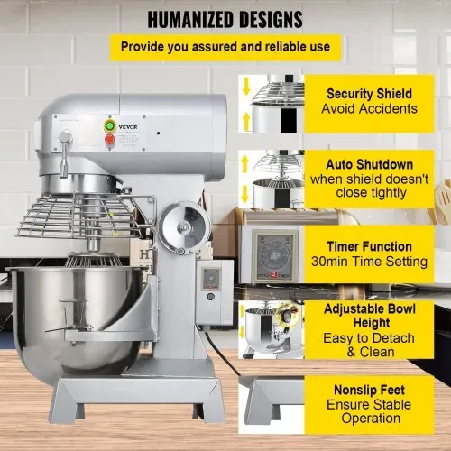 VEVOR Teigknetmaschine Küchenmaschine, 15 Qt Edelstahl Teigmixer, 600 W, einstellbar (130/233/414 U/min), inkl. Edelstahlschüssel, Knethaken, Schneebesen, Rührbesen, ideal für Bäckereien, Restaurants – Bild 5