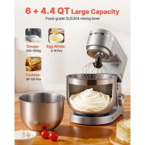 VEVOR Knetmaschine Küchenmaschine zum Backen, 1500 W Teigmaschine mit Edelstahlschüsseln (4,2 + 5,7 L) & Knethaken & Rührbesen & Schneebesen, 10-Gang einstellbare kippbare Rührmaschine Standmixer – Bild 4