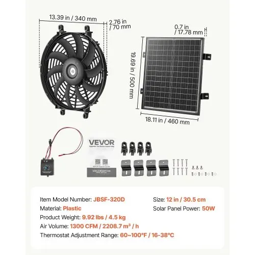 VEVOR Giebellüfter 30,5cm Dachbodenlüfter Solarbetrieben 2208,7m³/h Schwarz, 3-in-1 Belüftung Kühlung & Entfeuchtung für Dachboden Gewächshaus & Werkstatt, PP-Gehäuse, mit Thermostat & 50W Solarpannel – Bild 6