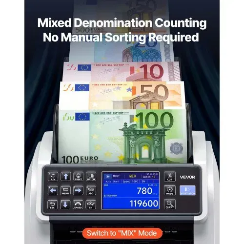 VEVOR Geldzählmaschine Banknotenzähler mit UV/MG/IR/DD/DBL/HLF/CHN Falschgelderkennung LED-Display, Wertzähler Unterstützt Mehrere Währungen & Gemischte Banknoten, Geldzähler Max. 1500 Banknoten/Min. VEVOR Geldzählmaschine Banknotenzähler mit UV/MG/IR/DD/DBL/HLF/CHN Falschgelderkennung LED-Display, Wertzähler Unterstützt Mehrere Währungen & Gemischte Banknoten, Geldzähler Max. 1500 Banknoten/Min.