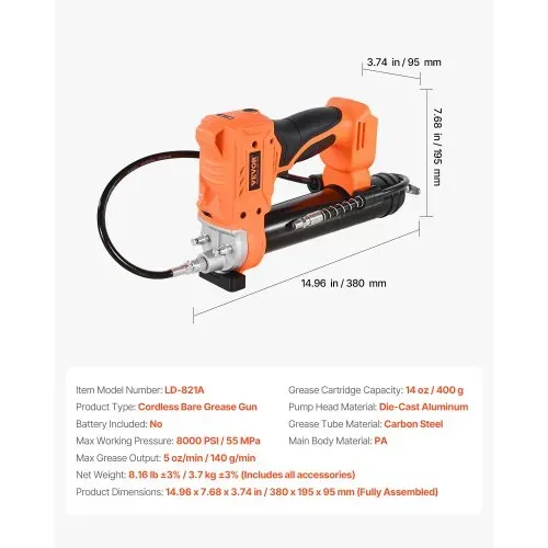 VEVOR Akku-Fettpresse, max. 55 MPa, Schmierpresse mit LED-Licht & Schlauch, 20-V-Akkubetrieb & Auslöser, Kompatibel mit 18V Makita-Akkus, zum Schmieren von Fahrzeugen oder Maschinen (Nur Werkzeug) – Bild 6