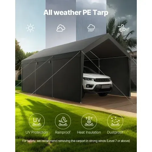 VEVOR Carport, 3,05x6,09x2,87 m Autoüberdachung, Zeltgarage mit abnehmbaren Seitenwänden & Tür, Garagenzelt Autounterstand, Autoüberdachung, UV-beständig, Ganzjahresschutz für Auto & Boot, grau – Bild 5