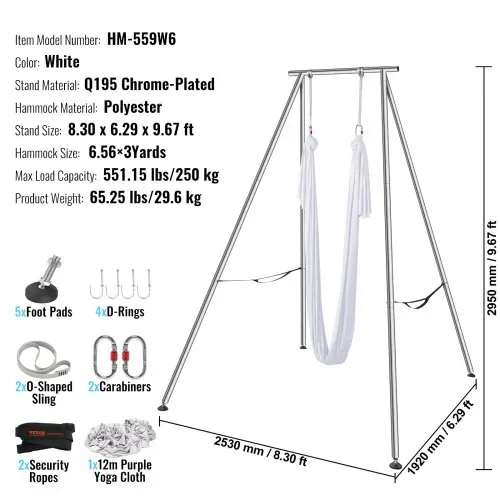 VEVOR Aerial Yoga Hängematte mit Yogarahmen 6 x 2,6 m, Weiß Yoga Swing Air Fliegen, Yoga-Schaukel Hammock Swing 250 kg Max. Tragfähigkeit, inkl. Yoga-Socken & Fußpolster, Anti-Gravity-Übungen – Bild 6