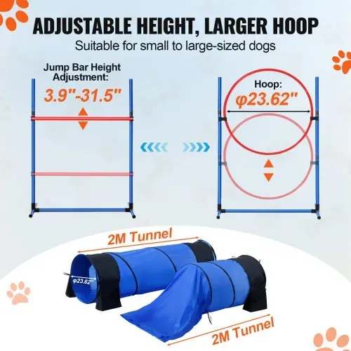 VEVOR Agility-Trainingsgerät für Hunde, 7-teiliges Set mit verstellbaren hohen Hürden, 6 Slalomstangen, 2 Tunneln, Sprungring, Pausenbox, 3 Frisbees, Pfeife, faltbarem Napf, Hindernisparcours-Set für Welpen mit 3 Taschen – Bild 3