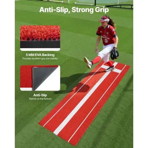 VEVOR Baseball-Schlagmatte Trainingsmatte (305 x 92 cm) Trainingspad Schlagkäfigmatte, Baseballmatte mit lichtechter Rasen & rutschfester Schaumstoffrückseite, tragbare Softballmatte Pitching Rot – Bild 3