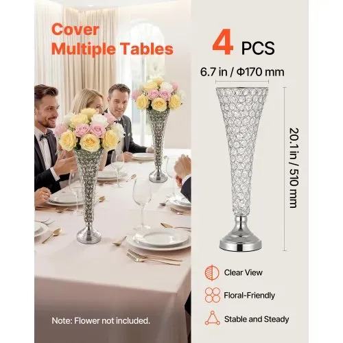 VEVOR 4 Stk. Hochzeitsvasen Tafelaufsatz Blumenvasen für Hochzeit 51 cm Hoch, Metall Tafelaufsatz Vasen mit Kristall Blumenständern, Trompete Vase für Hochzeiten Party Jubiläumsfeier Zeremonie, Silber – Bild 2