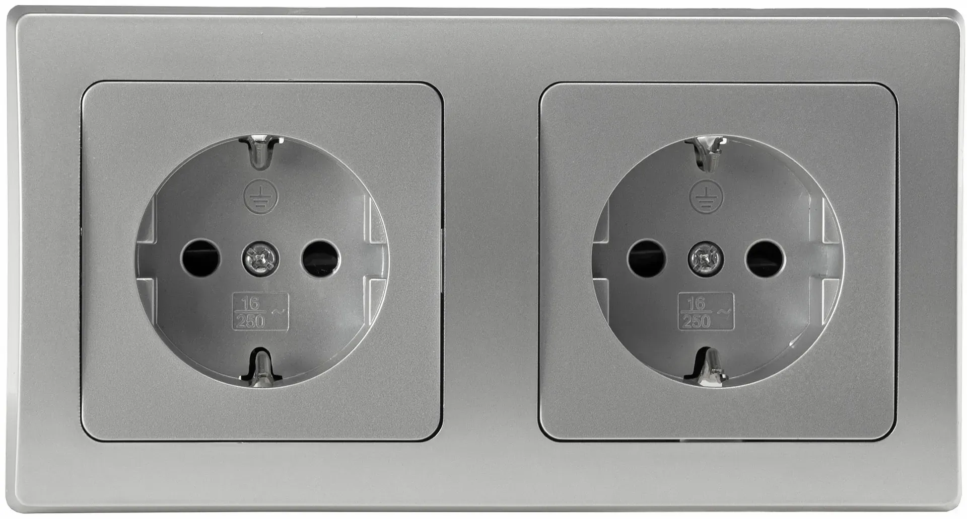 DELPHI Set 2 Steckdosen + 2-fach Rahmen 250V~/ 16A, Steckanschluss, silber DELPHI Set 2 Steckdosen + 2-fach Rahmen 250V~/ 16A, Steckanschluss, silber
