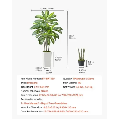 VEVOR Künstlicher Dracaena-Baum, 1,52 m, Drachenbaum, tropische Pflanzen mit weißem, hohem Pflanzgefäß, Kunstseidenpflanze im Topf, große Bäume für Veranden, Wohnzimmer, Terrassen Zuhause, Büro – Bild 6