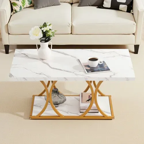 VEVOR Couchtisch Beistelltisch in Marmoroptik, zweistufiger rechteckiger Beistelltisch Sofatisch mit Metallgestell & geometrischen Beinen & 95 kg Tragkraft, minimalistischer Wohnzimmertisch Weiß – Bild 7