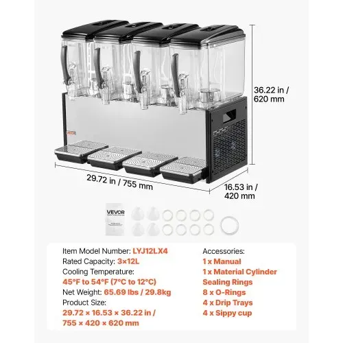 VEVOR Elektrischer Getränkespender 4 x 12 L 7-12 °C Saftspender mit PC-Behälter, für Restaurants, Hotels, Bars und Kioske, mit Rührstab für Gleichmäßige Durchmischung, Ausgabehebel und Auffangschale – Bild 6