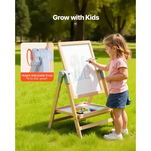 VEVOR Kunststaffelei für Kinder, 2-in-1-Kunststaffelei aus Holz, doppelseitig, mit magnetischem Whiteboard und Kreidetafel, verstellbares, stehendes, drehbares, faltbares Zeichenbrett mit Malzubehör für Jungen und Mädchen – Bild 3