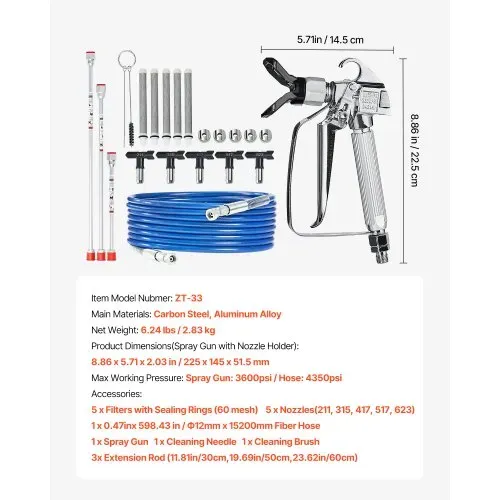 VEVOR Airless Farbspritzpistole und Schlauch Set, 3600 PSI Farbspritzschlauch-Set mit 5 Spitzen, 211, 315, 417, 517, 623, Airless-Spritzpistolen-Set mit Filtern, Schlauch und Verlängerungsstangen – Bild 6